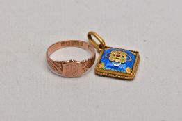 AN EARLY 20TH CENTURY 9CT ROSE GOLD RING AND A YELLOW METAL GUILLOCHE ENAMEL PENDANT, the rose