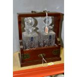 A MODERN WALNUT CASED TANTALUS, fitted with two Royal Doulton square glass decanters with globular
