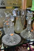 SIX PIECES OF GLASSWARE, comprising a pair of decanters with 'Cristal de France' label and stoppers,