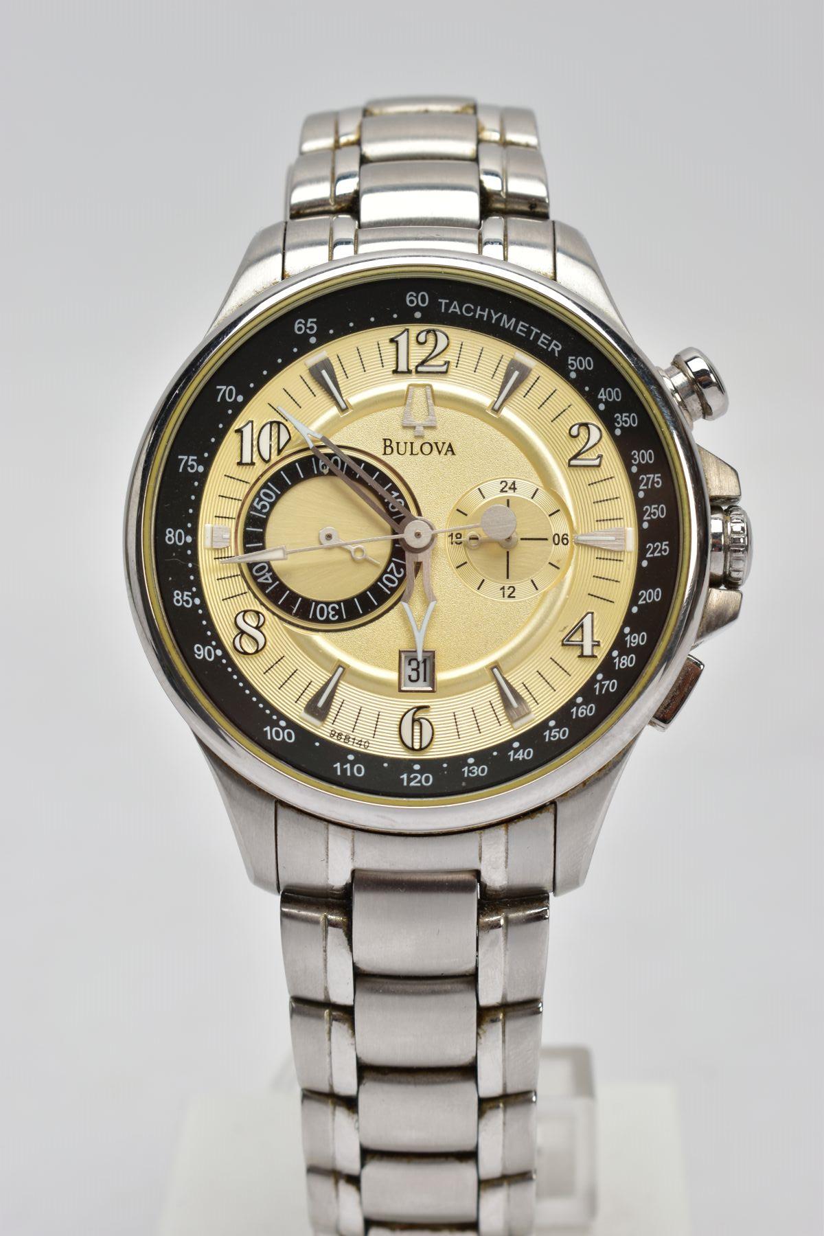 A GENTS 'BULOVA' CHRONOGRAPH WRISTWATCH, round gold dial signed 'Bulova', Arabic numerals and