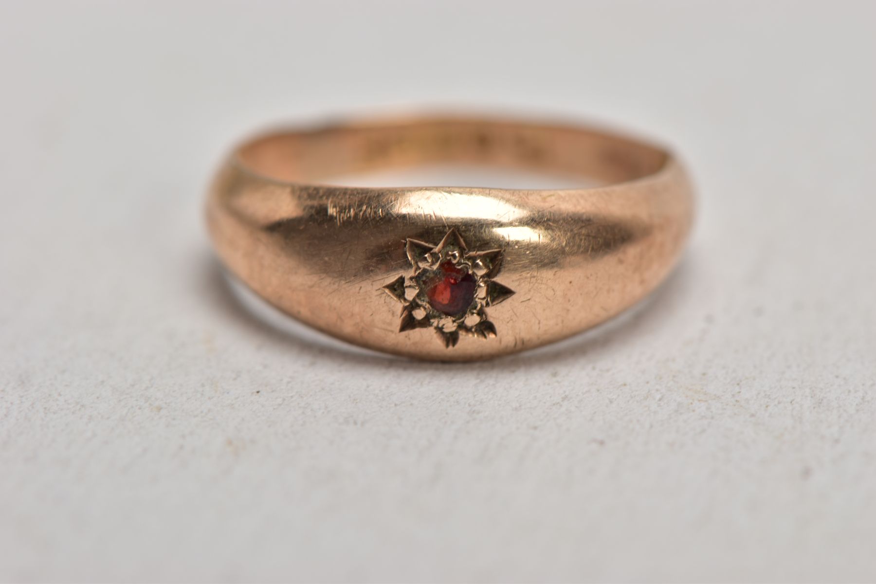 TWO 9CT GOLD RINGS AND A YELLOW METAL GARNET SET STICK PIN, the first a thin plain polished band, - Image 2 of 8