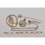 A BAG OF ASSORTED JEWELLERY, to include an oval 9ct gold back and front locket decorated with a