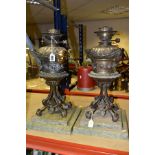 A PAIR OF LATE 19TH CENTURY OIL LAMPS OF SECTIONAL FORM, no shades or chimneys, removable facet