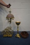 A 1970'S COPPERED CEILING LIGHT, along a gilt metal ceiling light with an enamel shade, a gilt metal