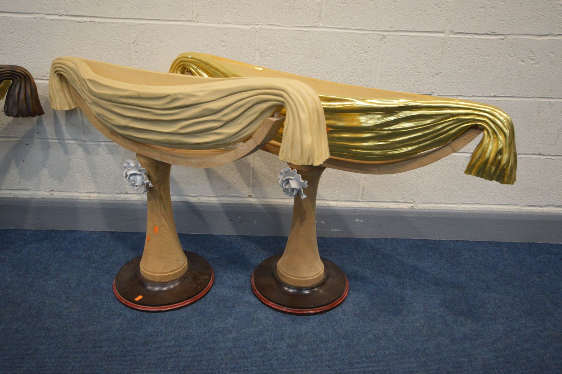 TWO PAIRS OF BESPOKE HAND CARVED PLANTERS, decorated as draped fabrics, on a cylindrical support, - Image 2 of 4