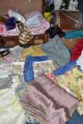 VINTAGE SUITCASE AND BOX FILLED WITH FABRIC, LINENS AND HABERDASHERY ITEMS including lace, ribbons