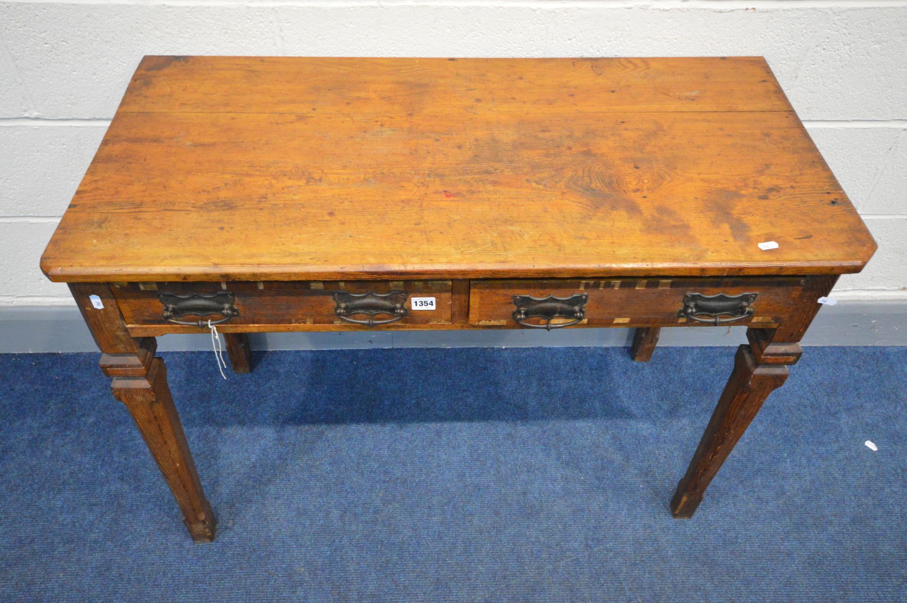 A 19TH CENTURY PITCH PINE SIDE TABLE with two drawers, on square chamfered legs, width 105cm x depth - Image 2 of 4