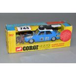 A BOXED CORGI TOYS HILLMAN HUNTER RALLY CAR, No 302, complete with Kangaroo figure, decals have been