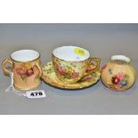 A ROYAL WORCESTER BLUSH IVORY MATCHED COFFEE CUP AND SAUCER AND TWO OTHER SIMILAR ITEMS, the cup and