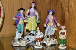 THREE SPODE 'CHELSEA FIGURES' AND TWO SMALL 20TH CENTURY CONTINENTAL PORCELAIN FIGURES, comprising