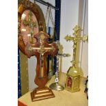 FIVE VARIOUS 20TH CENTURY WOODEN AND METAL CRUCIFIXES, three of table top form and two hanging,