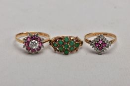 THREE 9CT GOLD DRESS RINGS, the first an emerald cluster ring, set with circular claw set emeralds