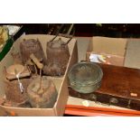 FOUR WELLS CAST IRON UNBREAKABLE OIL LAMPS, No 18, all complete with lid and carrying handle,