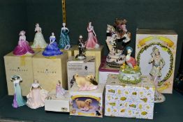 A GROUP OF COALPORT, DOULTON AND OTHER CERAMICS AND RESIN FIGURES, comprising seven Coalport