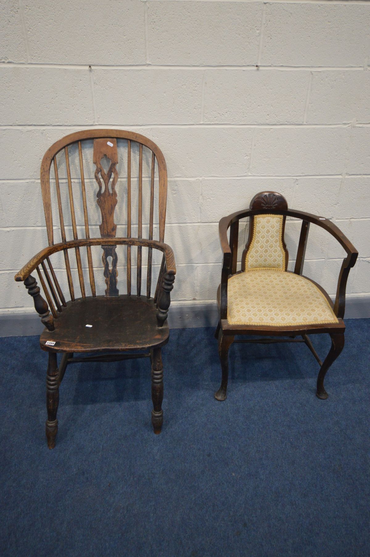 A 19TH CENTURY ELM AND BEECH WINDSOR ARMCHAIR (condition - over stained, solid frame) along with