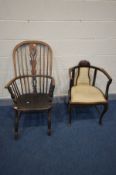 A 19TH CENTURY ELM AND BEECH WINDSOR ARMCHAIR (condition - over stained, solid frame) along with