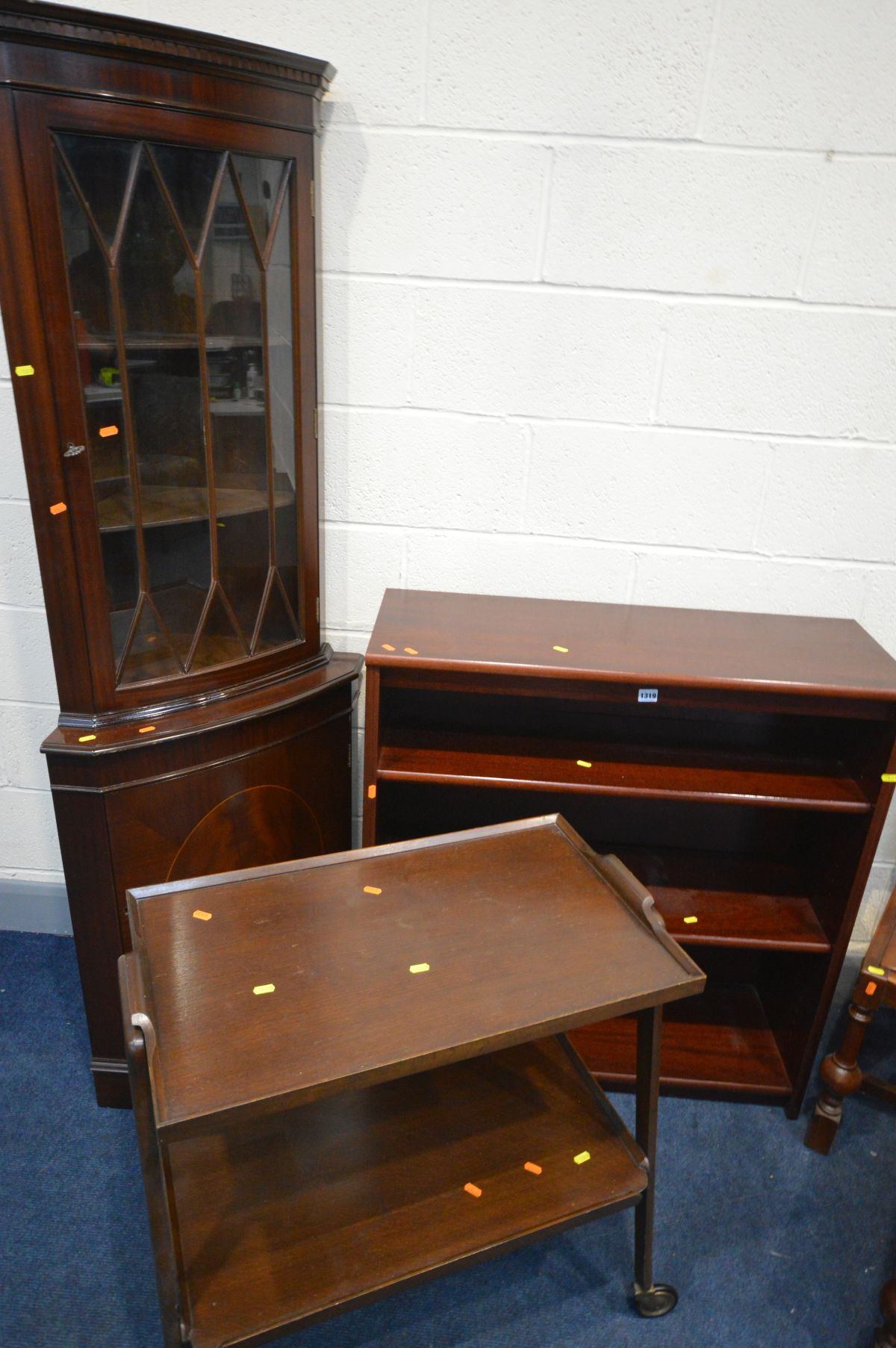 A SELECTION OF VARIOUS FURNITURE to include an oak tea trolley, mahogany open bookcase, corner - Image 2 of 3