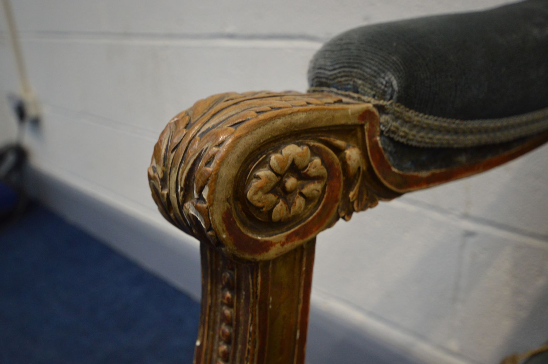 A LOUIS XVI STYLE, oval back with open armrests, on tapered fluted legs, width 67cm x depth 74cm x - Image 3 of 5