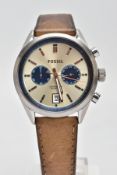 A GENTS 'FOSSIL' CHRONOGRAPH WRISTWATCH, round champagne dial signed 'Fossil, chronograph 100