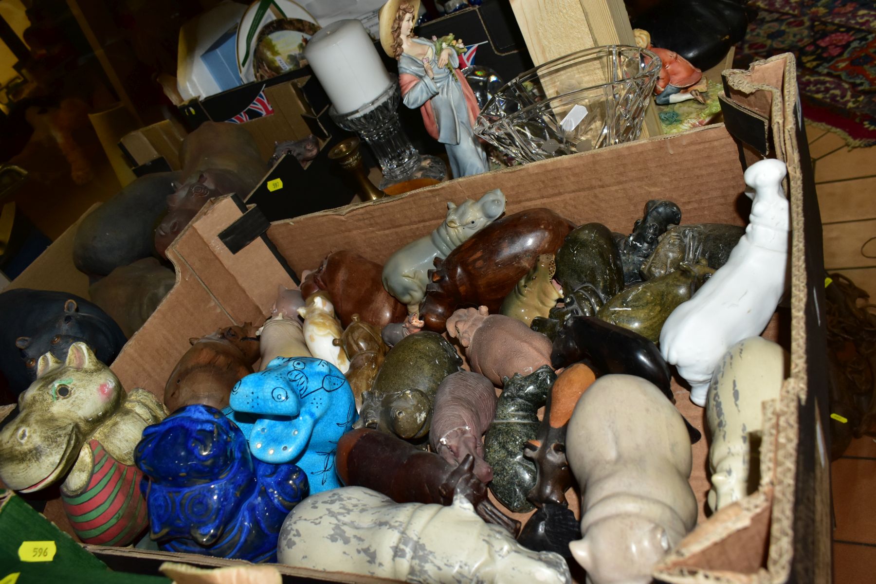 THREE BOXES AND LOOSE ORNAMENTS, GLASSWARE, etc, to include a collection of various hippopotamus - Image 3 of 14