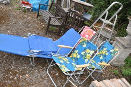 THREE 1970S METAL FOLDING CHAIRS with floral fabric coverings, a lounger, a metal washboard and a