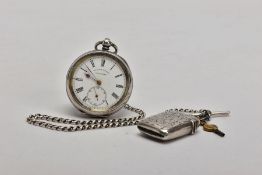AN OPEN FACE POCKET WATCH AND A SILVER VESTA, the pocket watch with a round white dial signed 'H.E.