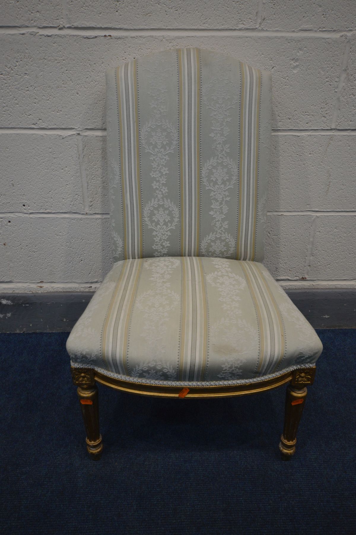 A 20TH CENTURY LOUIS XVI STYLE GILTWOOD BEDROOM CHAIR, on redded tapered legs, width 49cm x depth - Image 2 of 2