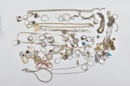 A BAG OF ASSORTED SILVER AND WHITE METAL JEWELLERY, to include a silver flat articulated chain