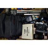 A BOX OF CAMERAS AND PHOTOGRAPHY EQUIPMENT including an Olympus OM-10 film camera with Olympus OM-