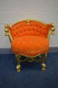 A 20TH CENTURY GILT ROPE EFFECT TUB CHAIR, on a cross stretcher base and covered in buttoned