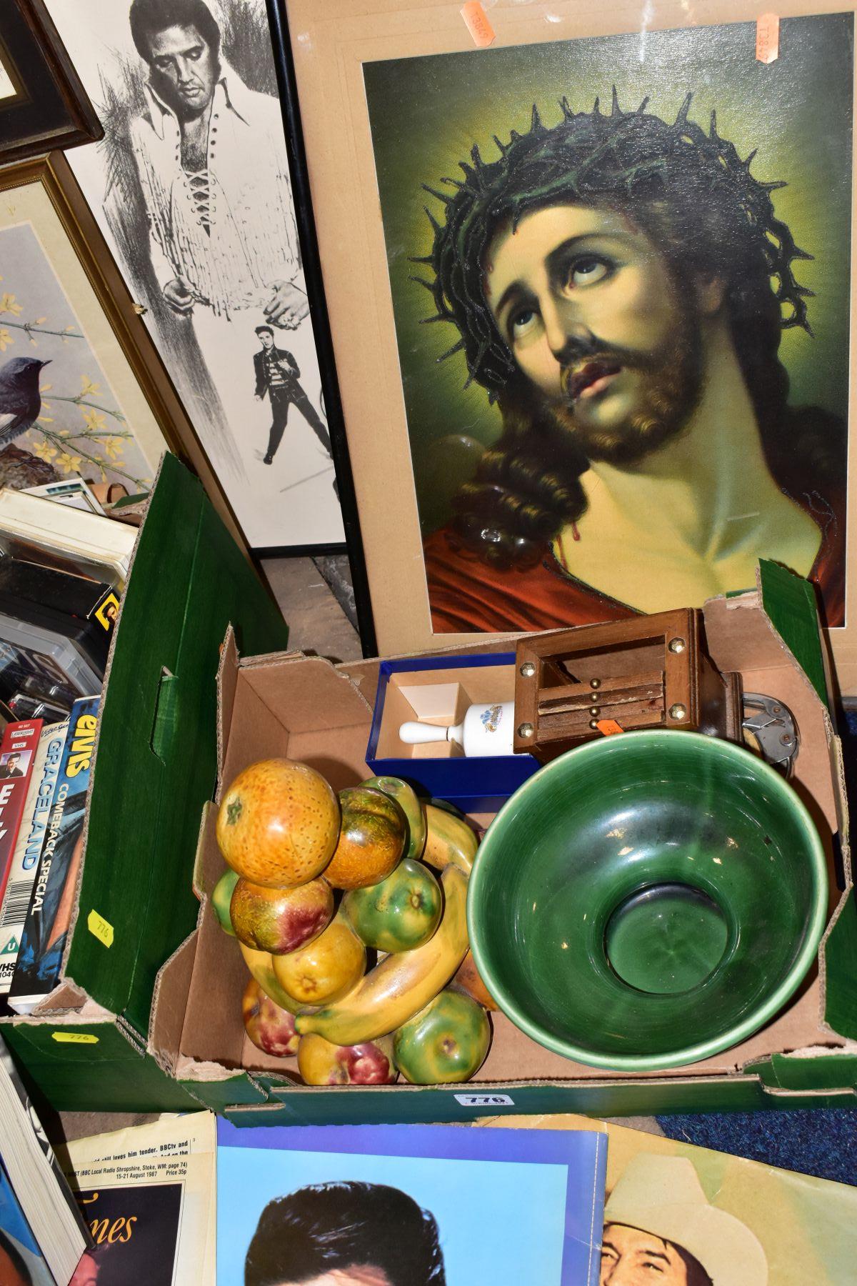 A GROUP OF PRINTS AND TWO BOXES to include ceramic fruit centrepiece with green footed bowl, overall - Image 3 of 5