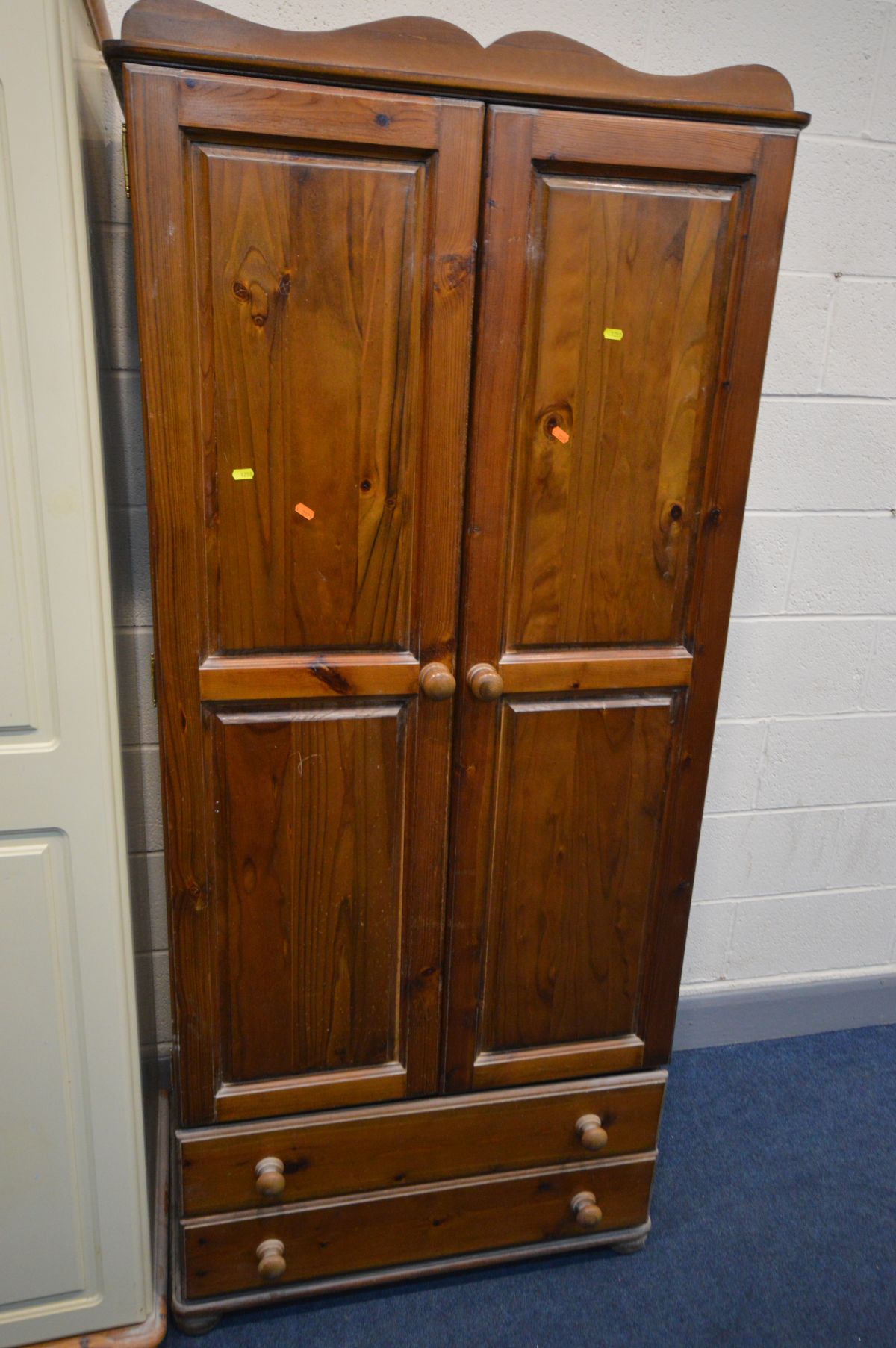 A PINE DOUBLE DOOR WARDROBE, with two long drawers, width 82cm x depth 53cm x height 195cm and a - Image 3 of 5