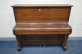 AN UNBRANDED MAHOGANY UPRIGHT OVERSTUNG PIANO