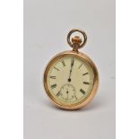 A ROLLED GOLD OPEN FACE POCKET WATCH, round white dial, Roman numerals, seconds subsidiary dial at