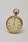 A ROLLED GOLD OPEN FACE POCKET WATCH, round white dial, Roman numerals, seconds subsidiary dial at