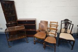 A SELECTION OF VARIOUS FURNITURE to include an oak tea trolley, mahogany open bookcase, corner