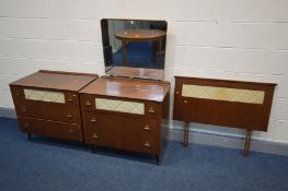 A MID CENTURY TEAK THREE PIECE BEDROOM SUITE, comprising a dressing chest with three drawers,