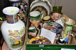 A BOX AND LOOSE CERAMICS VASES, PLATES, etc, to include six various toby/character jugs, Beswick