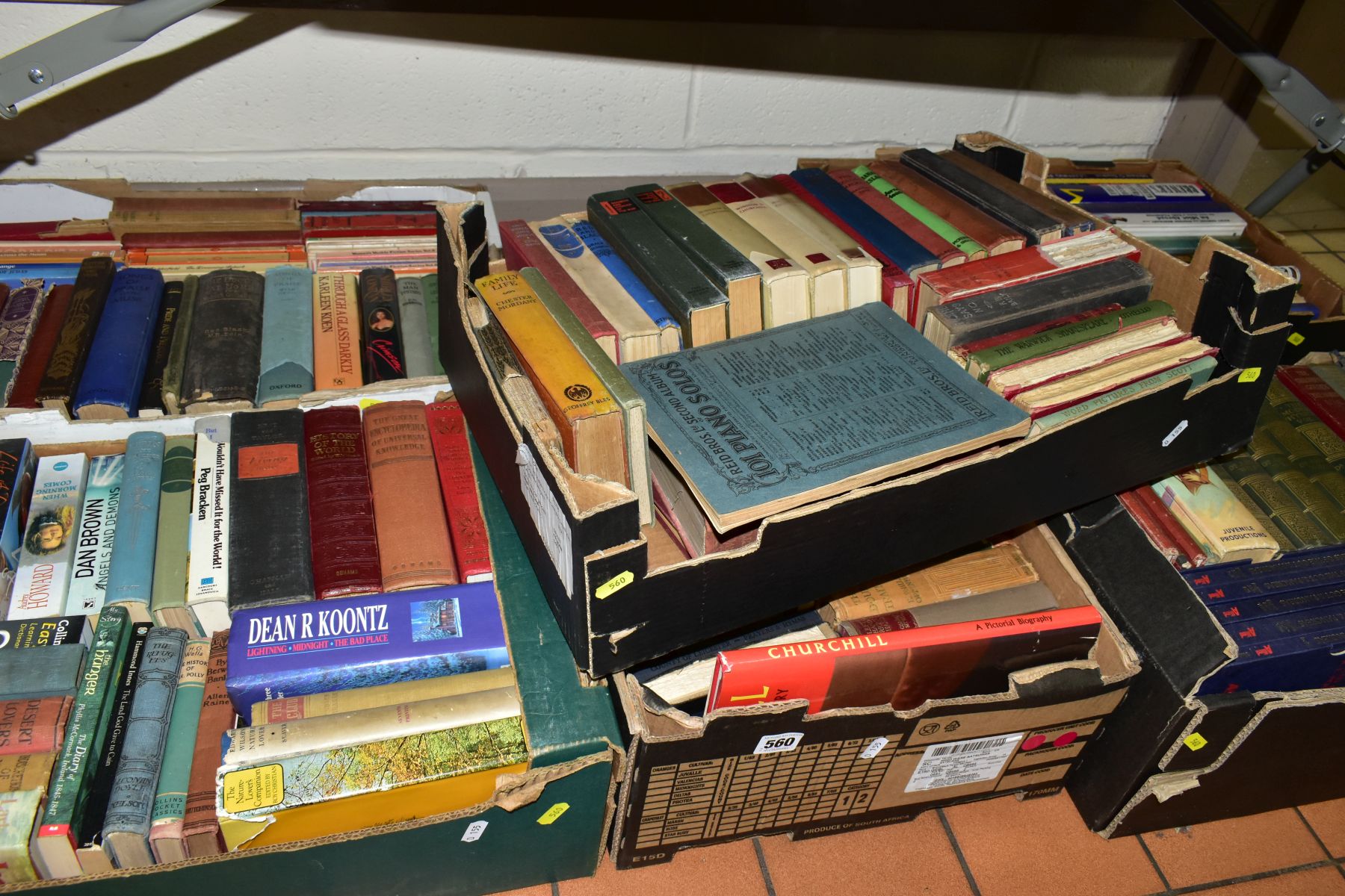 BOOKS, approximately one hundred and ninety titles in six boxes, mostly novels, including Children's