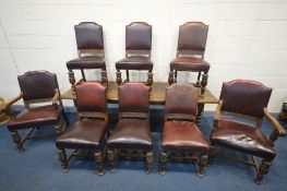 A SET OF EIGHT EARLY LATE 19TH/20TH CENTURY OAK AND OXBLOOD LEATHER STUDDED DINING CHAIRS, including