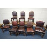 A SET OF EIGHT EARLY LATE 19TH/20TH CENTURY OAK AND OXBLOOD LEATHER STUDDED DINING CHAIRS, including