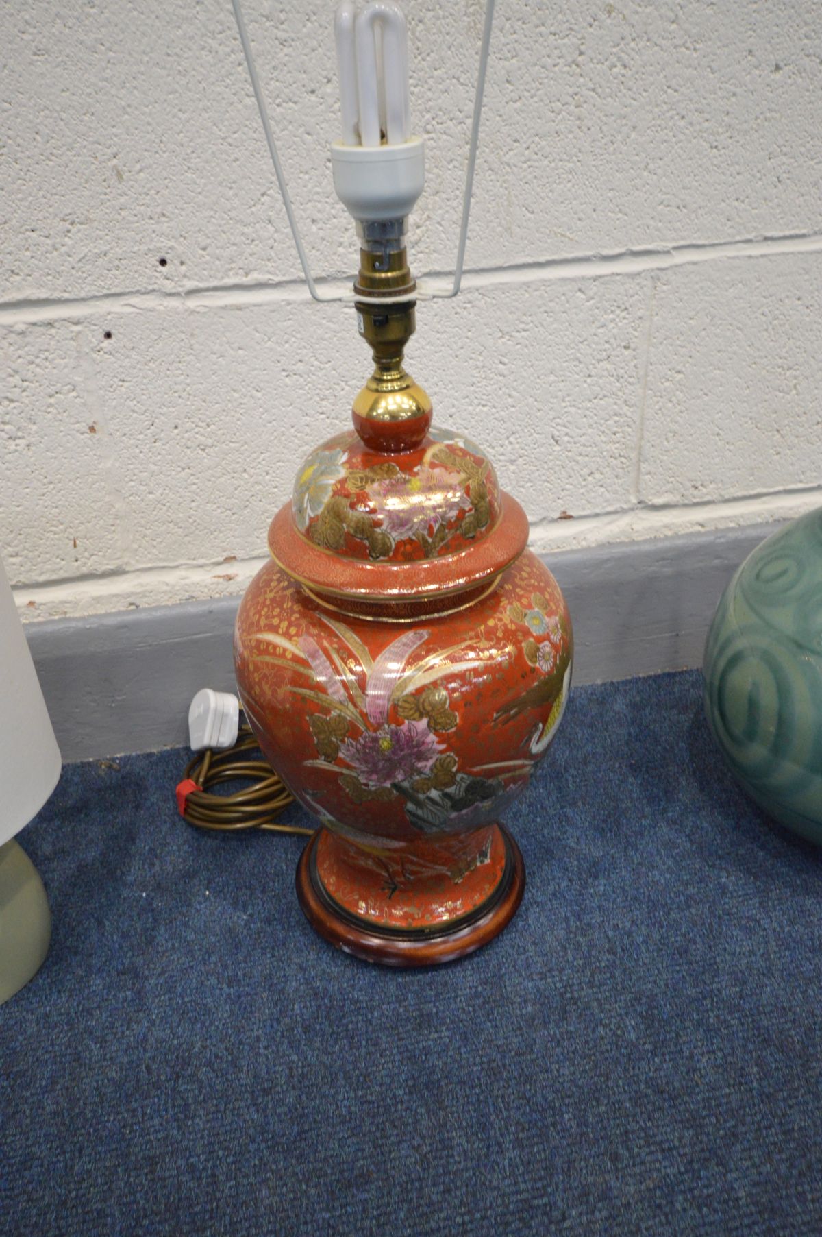 A ORIENTAL CERAMIC TABLE LAMP, height 42cm together with a green spherical table lamp and another ( - Image 2 of 2