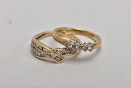 TWO 9CT GOLD DIAMOND SET RINGS, the first designed with a row of five claw set round brilliant cut