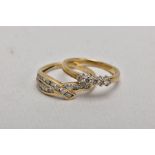 TWO 9CT GOLD DIAMOND SET RINGS, the first designed with a row of five claw set round brilliant cut