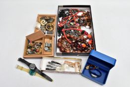 A BOX OF ASSORTED COSTUME JEWELLERY, to include various beaded necklaces, non-pierced earrings, a '