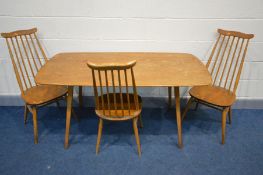 AN ERCOL MODEL 382 ELM AND BEECH DINING TABLE, length 152cm x depth 76cm x height 71cm and three