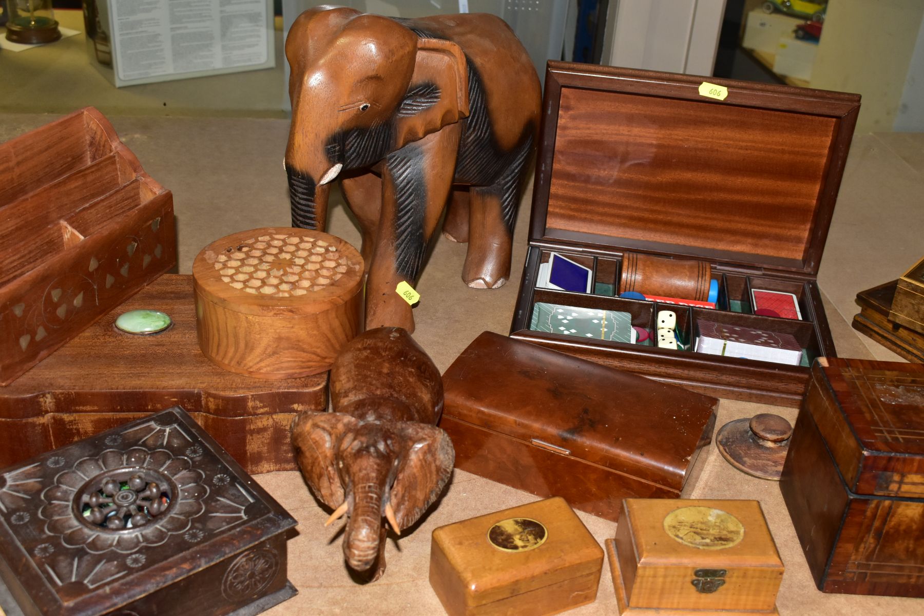 VARIOUS WOODEN ITEMS, GAMES COMPENDIUM, MARBLES etc, to include a tea caddy (cracked and missing