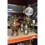 A COLLECTION OF BRASS AND COPPER ITEMS, including oil lamps with one shade and two chimneys (some