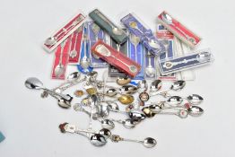 A BOX OF ASSORTED COLLECTABLE SOUVENIR TEASPOONS, a quantity of silver plate and EPNS British and