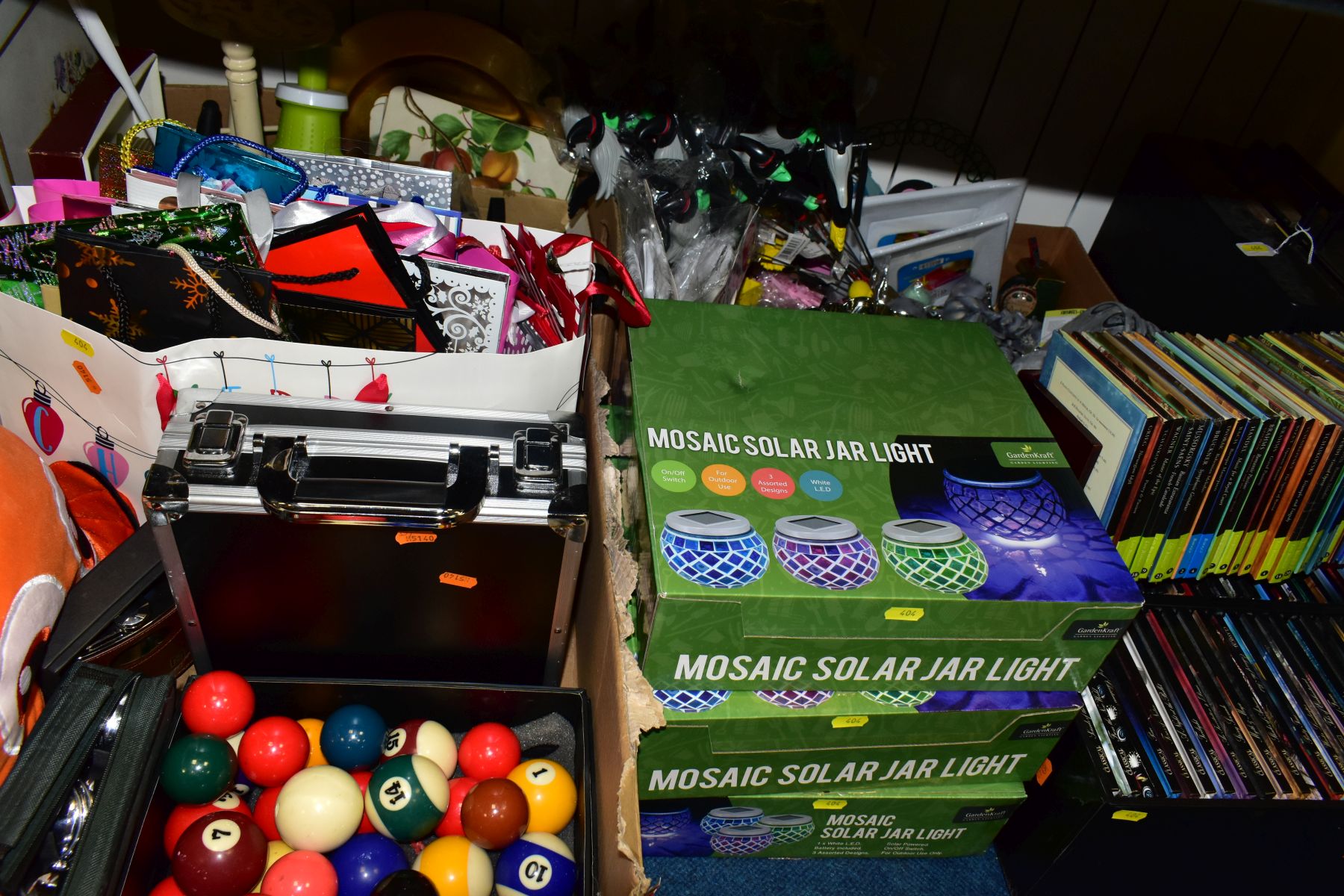 FOUR BOXES AND LOOSE OF SPORTING EQUIPMENT, HOUSEHOLD SUNDRIES, NOVELTY/PARTY ITEMS, CDS, DVDS, etc,